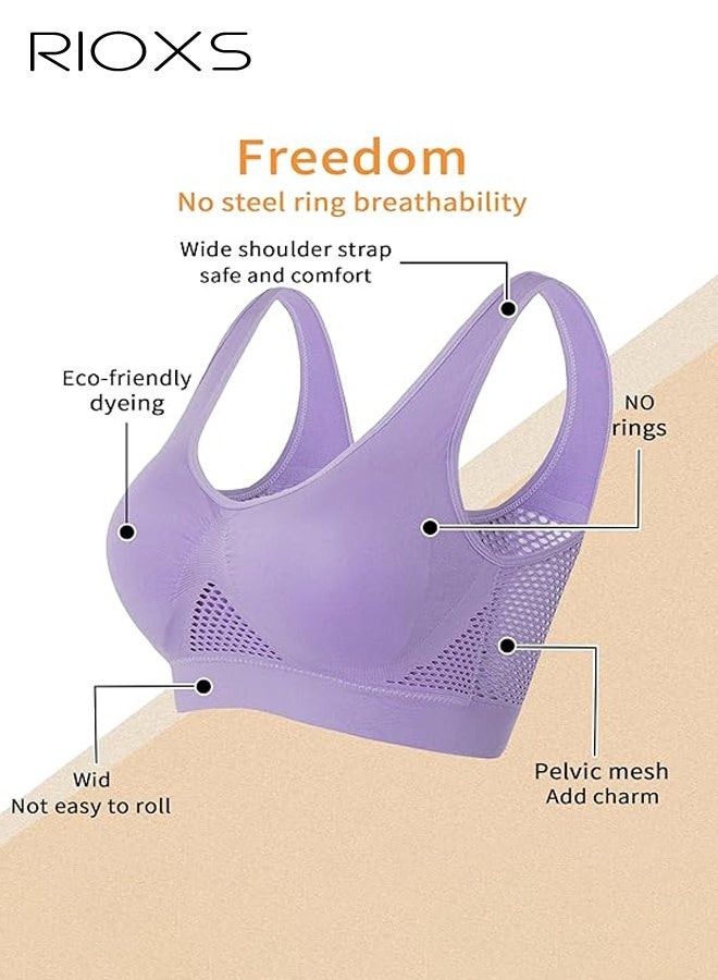 RIOXS Women's Sports Bra, Wireless Breathable Hollow Out Mesh Lingerie for Ladies, Soild Color Seamless Padded Yoga Fitness Bra, Everyday Bras Comfortable Underwear for Sport or Daily Wear, Purple - Image 4
